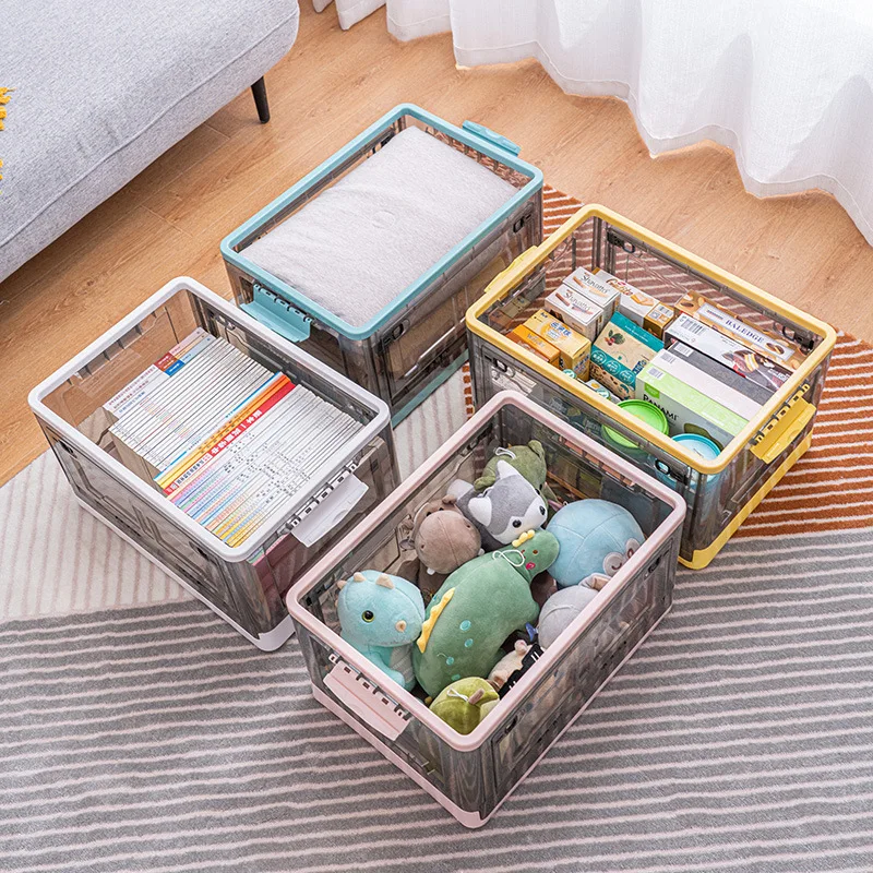 Wholesale Folding Transparent Container Side Door Plastic Toy Chest Storage Box With Wheels