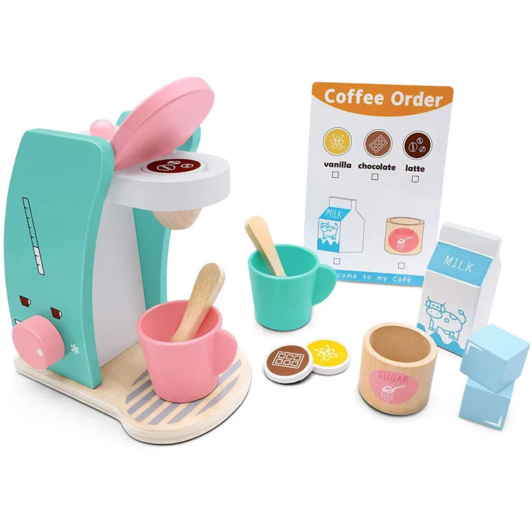WOODDYTOYS Coffee Maker Espresso Play set Wooden Premium Play Kitchen Set Toy with Accessories Pastel Color