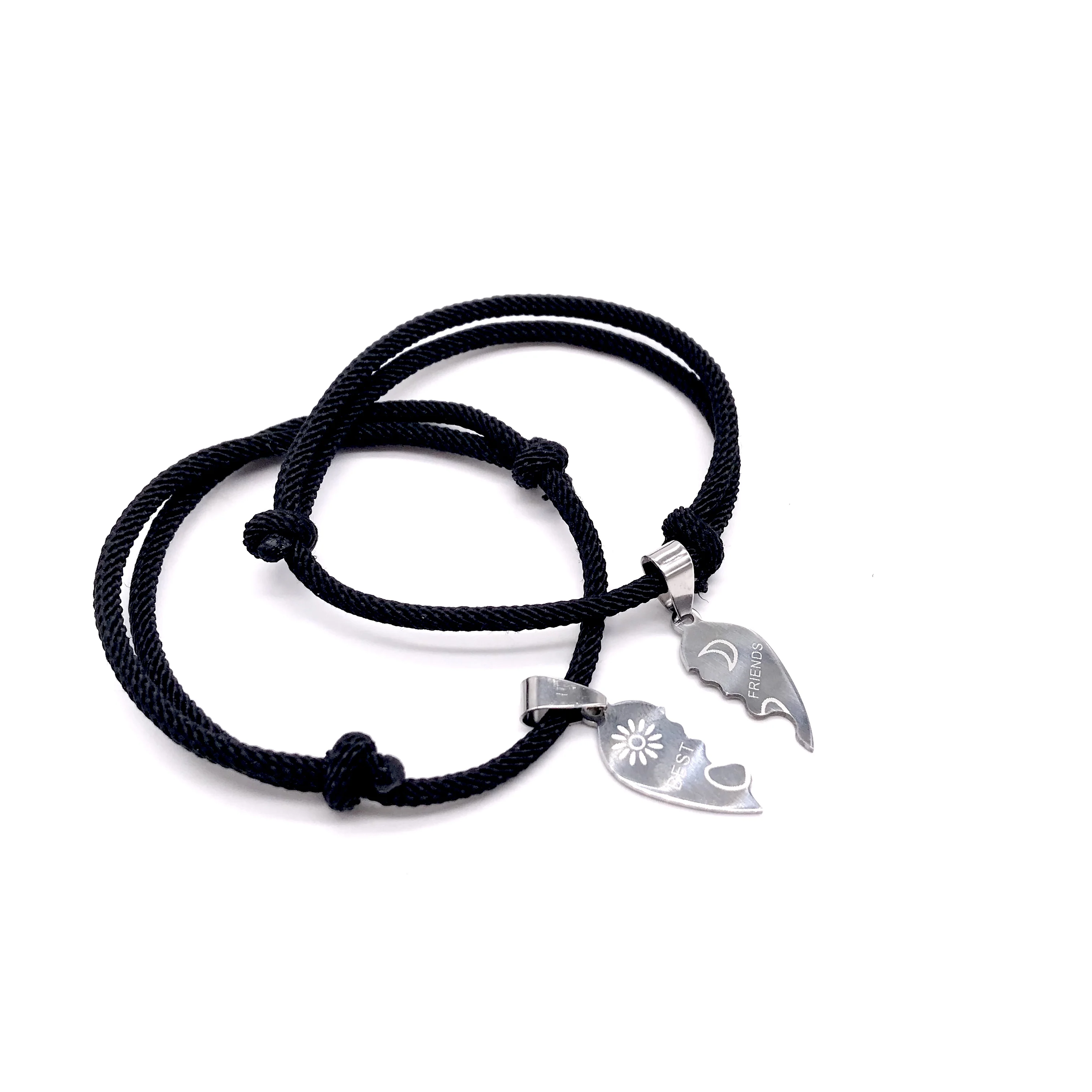 2pcs/set Custom Handmade Black Wax Rope Couple Bracelets Adjustable Heart Bracelet