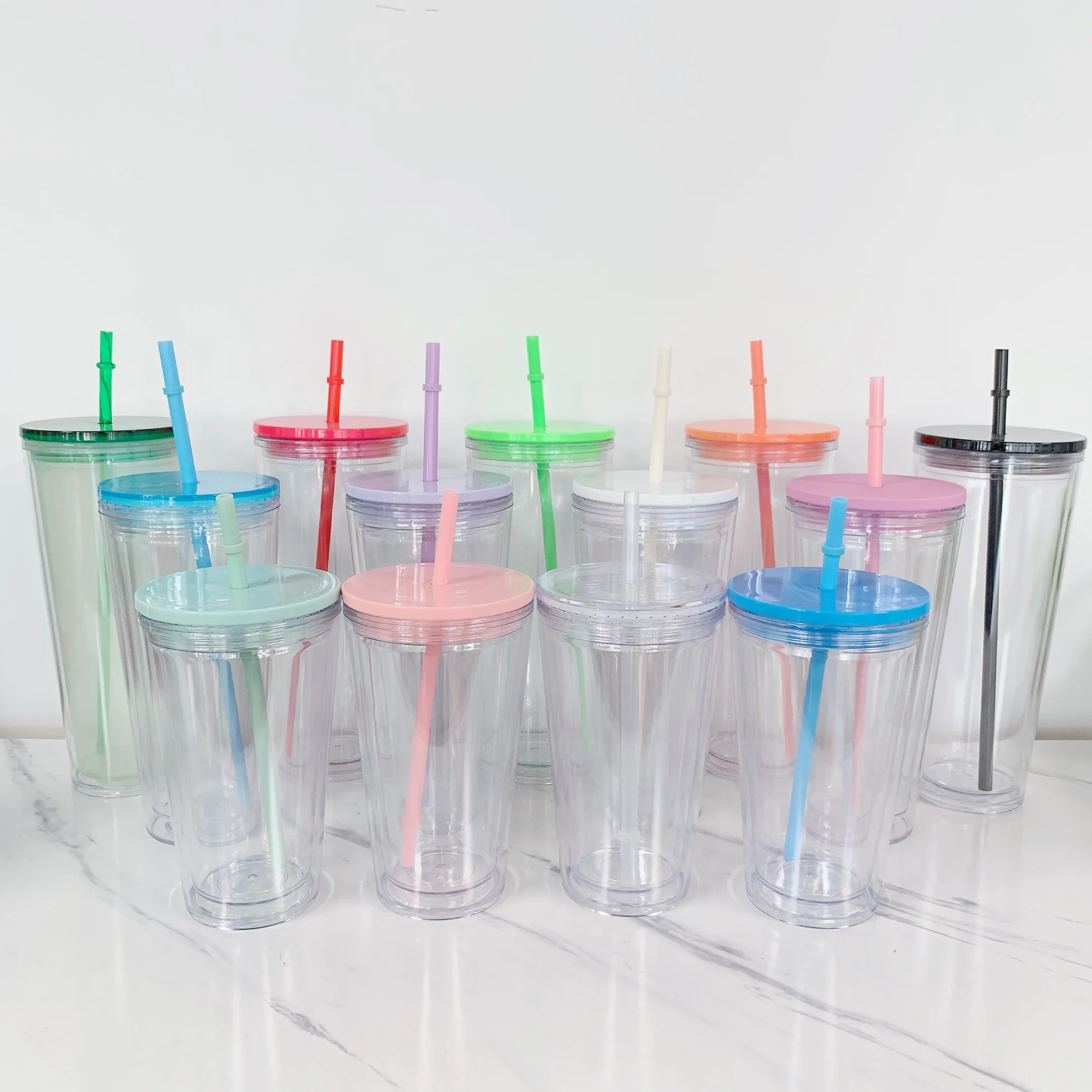 Snowglobe Plastic Tumbler Reusable Custom Acrylic Cup With 8mm Pre-hole & Lid & Straw