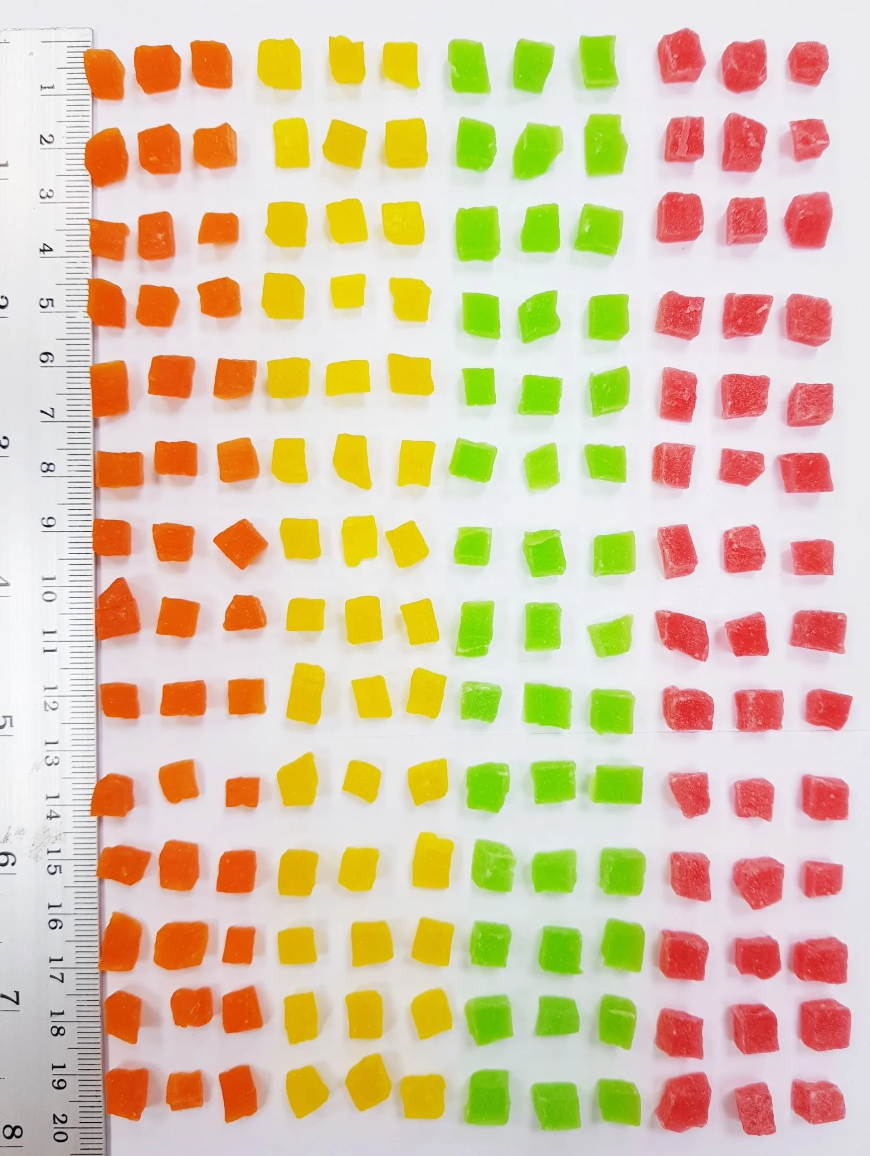 Dried candied Papaya dices 5-7 mm mixed colors added Thailand