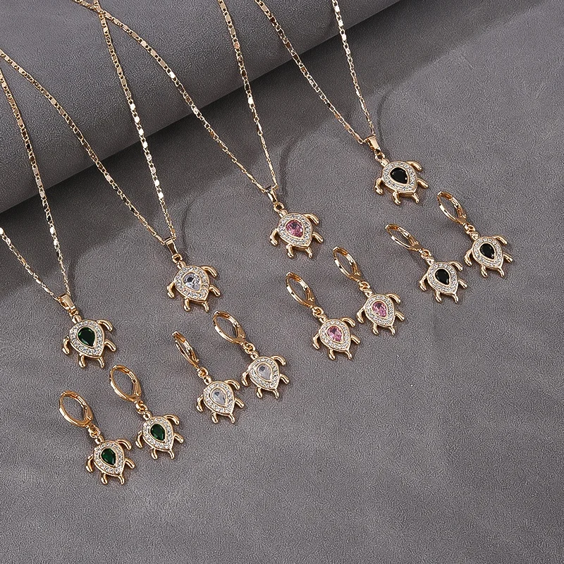 Fashion Jewellery 18 Carat Gold Plated 3 Piece Jewelry Set Cubic Zirconias Cz Turtle Pendant Necklace Jewellery Sets For Women