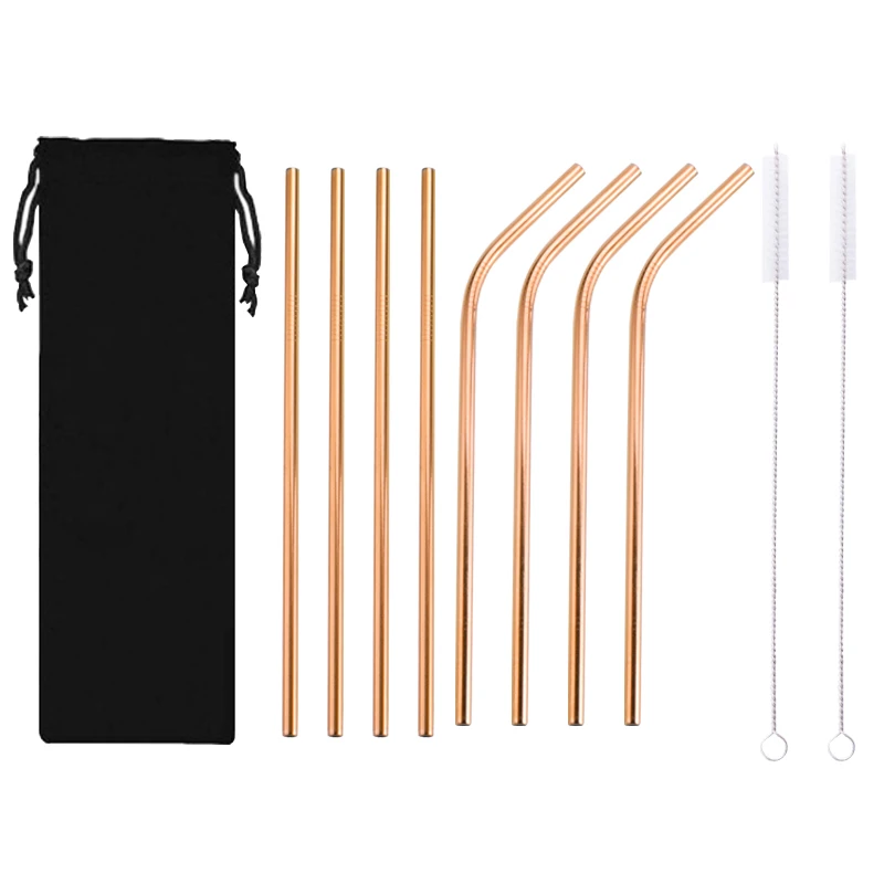 
Wholesale High Quality Custom Logo Reusable 8 piece 304 Stainless Steel Metal drinking Straws Set With Brush And Pouch 