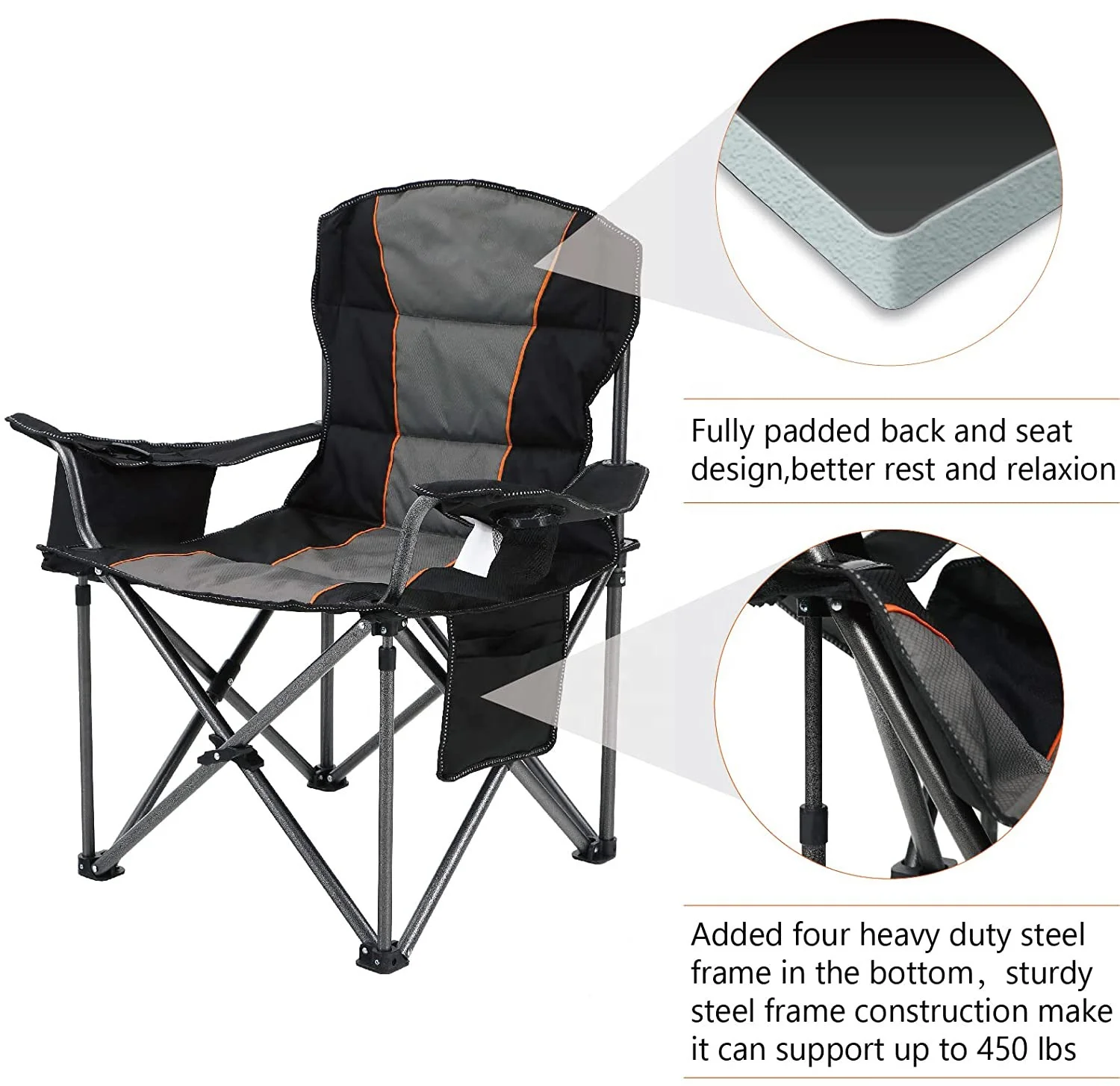 Oversized Camping Folding Chair Heavy Duty Support 450 LBS Steel Frame Collapsible Padded Arm Chair with Cup Holder