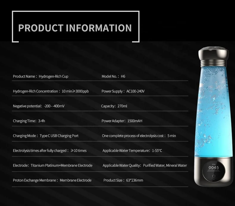 Titanium Platinum Membrane Electrode Hydrogen Water Generator Bottle 270ml 3000ppb Hydrogen Rich Water Bottle