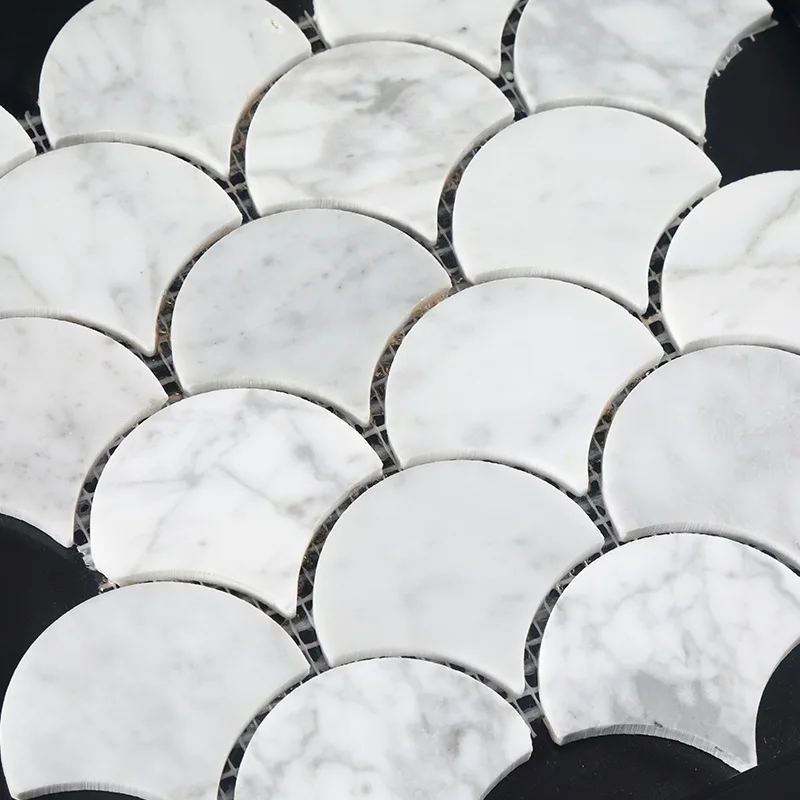 Custom simple style white stone fish scale mosaic fan-shaped kalala white marble mosaic