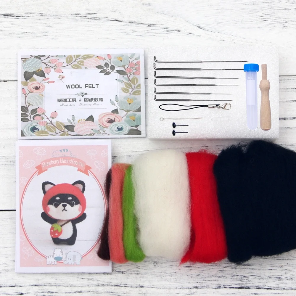 NO.9 Strawberry Black Shiba Inu DIY Handmade Felt Toy Wool Needle Felting Kit