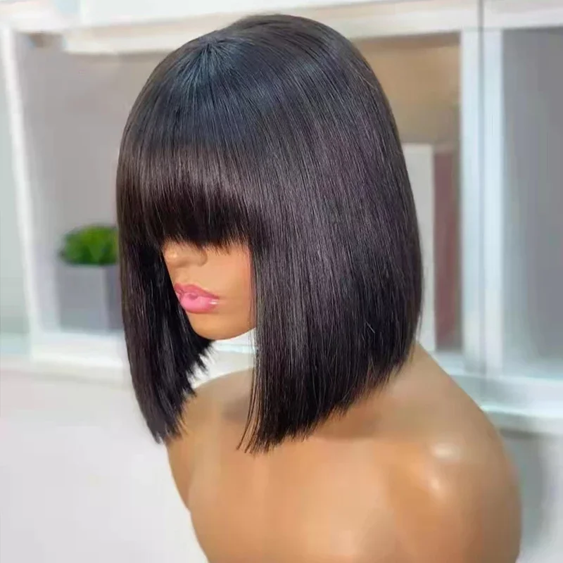 Straight Bob Human Hair Wigs with Bangs Short Brazilian Hair Bob Wigs for Woman No Lace Full Machine Made Human Hair Wigs Long