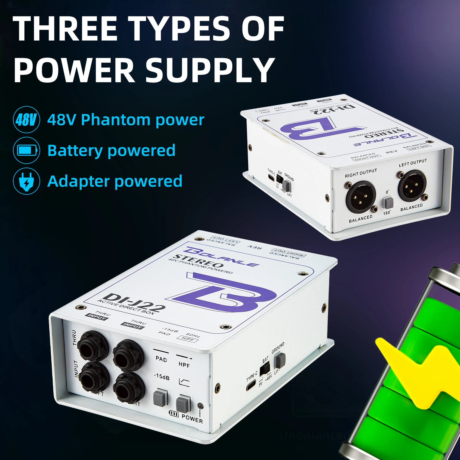 Bolanle J22 Di Box 5V 9V 48V Multi Functional Professional 2 Channel  Phantom Power Active Passive Direct Box