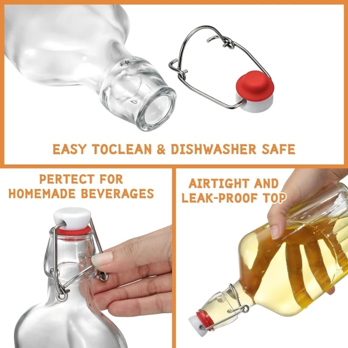 8.5 oz (250 ml) Flask Clear Glass Bottle with Swing Top and Rubber gasket and wire bal