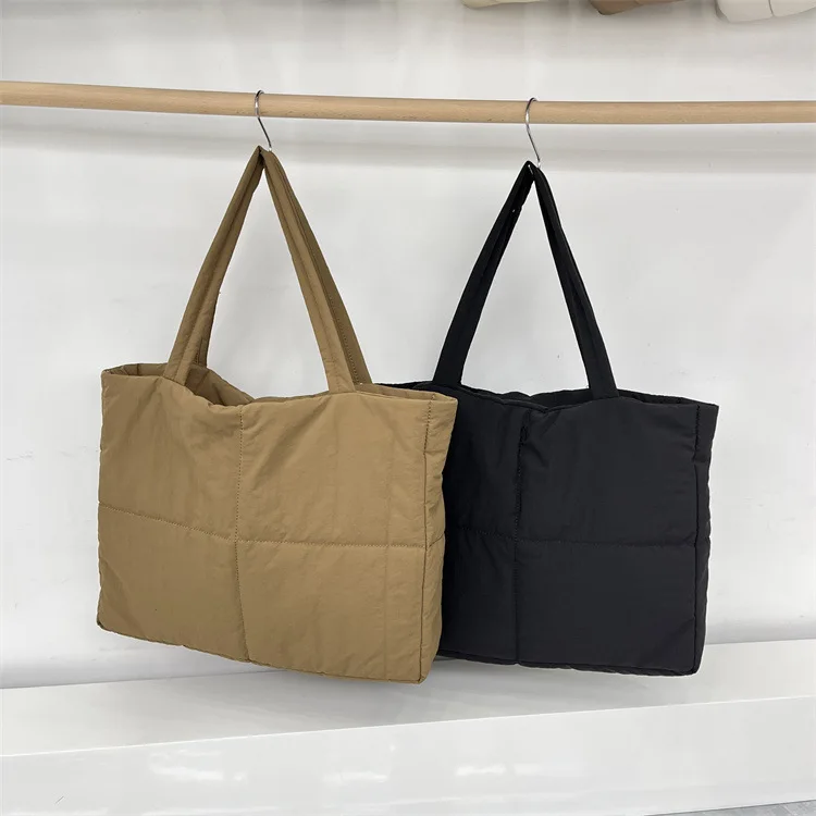 Customize Logo nylon puffer handbag ladies fashion simple soft puffer shoulder bag puffy tote bags for women