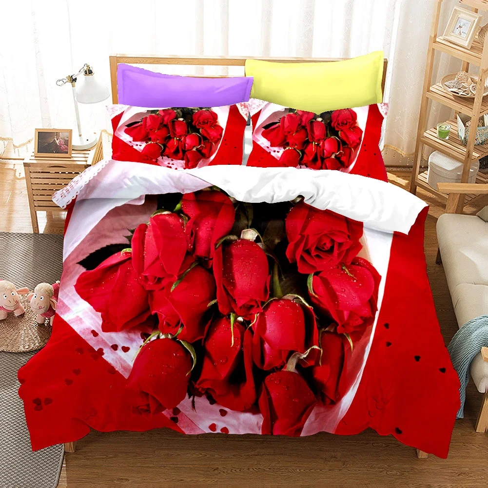 3D Digital Duvet Cover Flower Red Rose Luxury Bedding Sets Collections 100% Microfiber Printed Bed Sheets With Pillow Covers