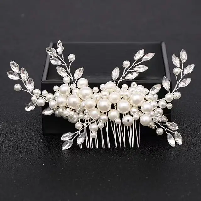 Flower Headwear Bride Hair Accessories Silver Pearl Crystal Wedding Comb