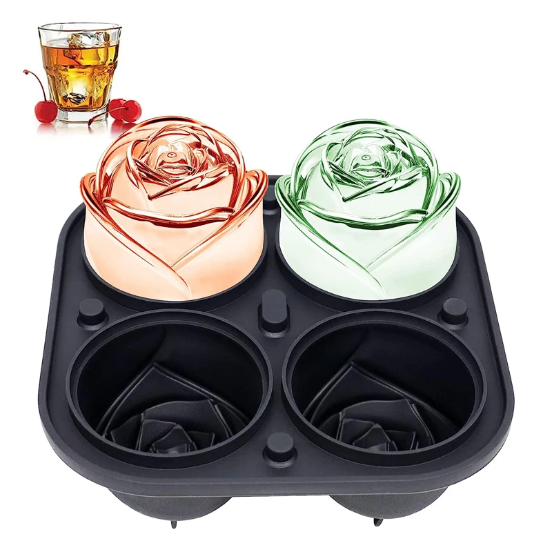 Silicone Rose Ice Molds Easy To Demould Orange Whiskey Cocktail Wine Chiller Ice Mold 4 Grids Rose Ice Cube Tray