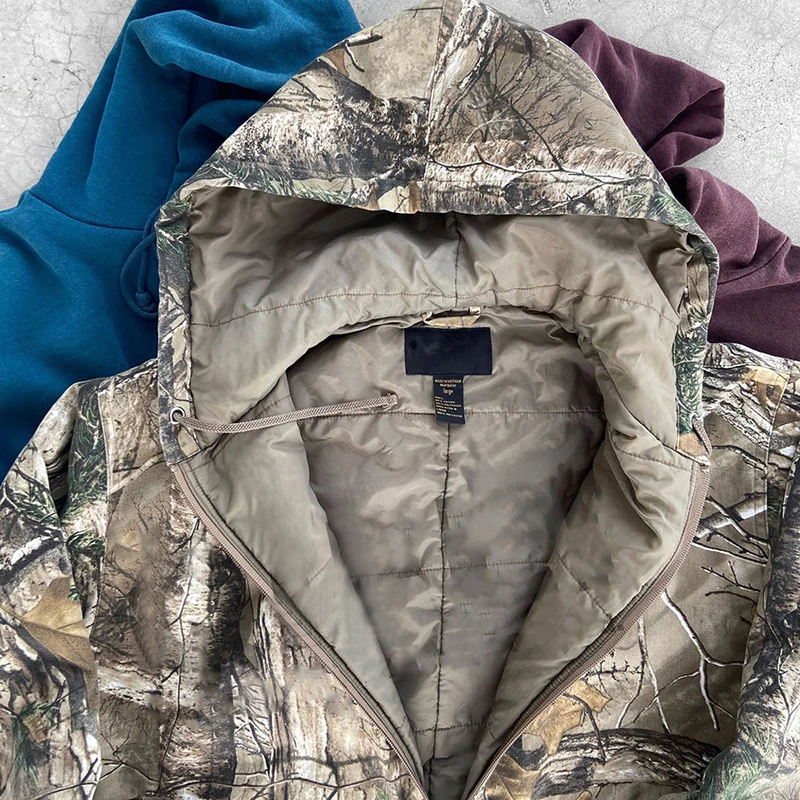 YSJY Custom vintage printing camouflage zip up jacket camo hunting cargo full zip hoodie for men