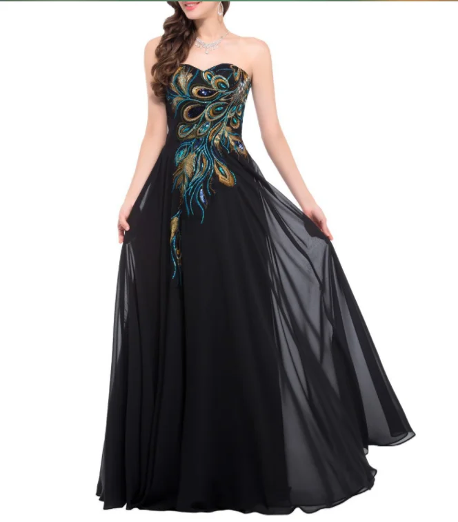
2020 new embroidered peacock dress mopping long navy blue purple black dress gown chiffon 