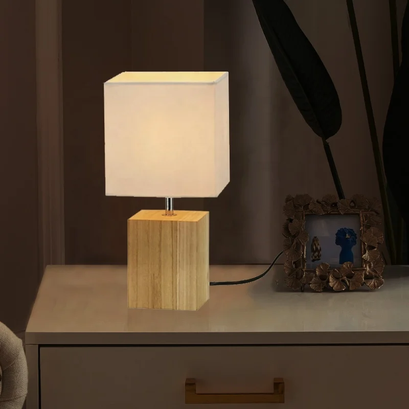 Modern Table Lamp Luxury Bedside Bedroom Wooden Base Reading Desk Table Lamps with Fabric Lampshade