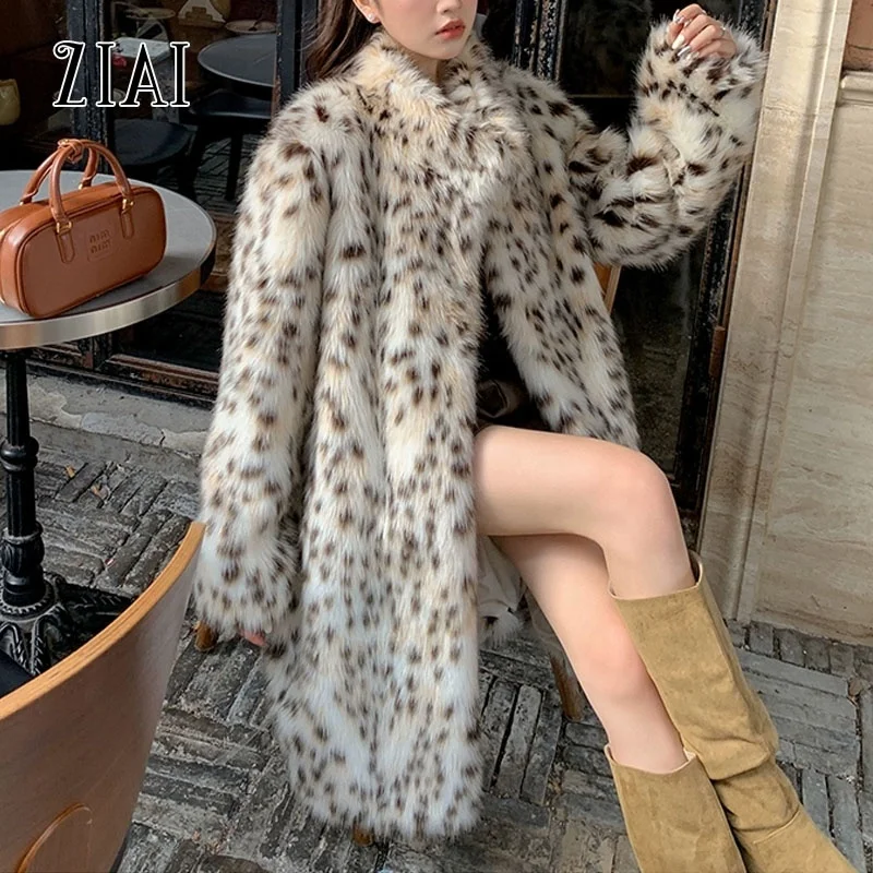 Leopard Fur Thickening New Niche Design Eco-Friendly Faux Fox Fur Leopard Lapel Fur Coat Female