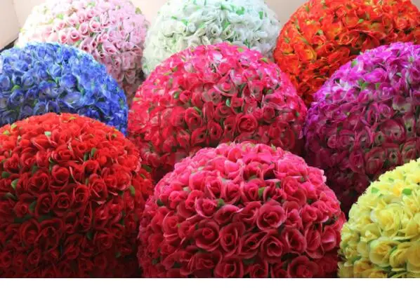 New style 12 inch silk artificial rose flower ball with green leaf  for  wedding centerpieces  decorations