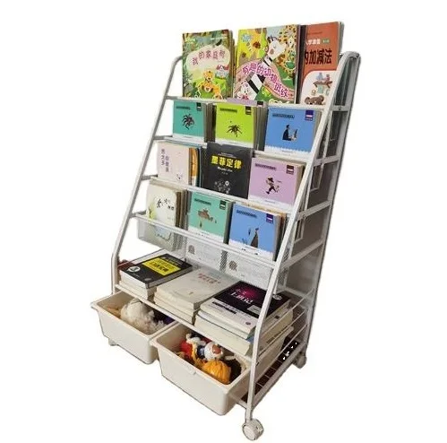 Hot Sale simple floor multi-layer book storage rack Kindergarten bookshelf newspaper and magazine iron storage frame