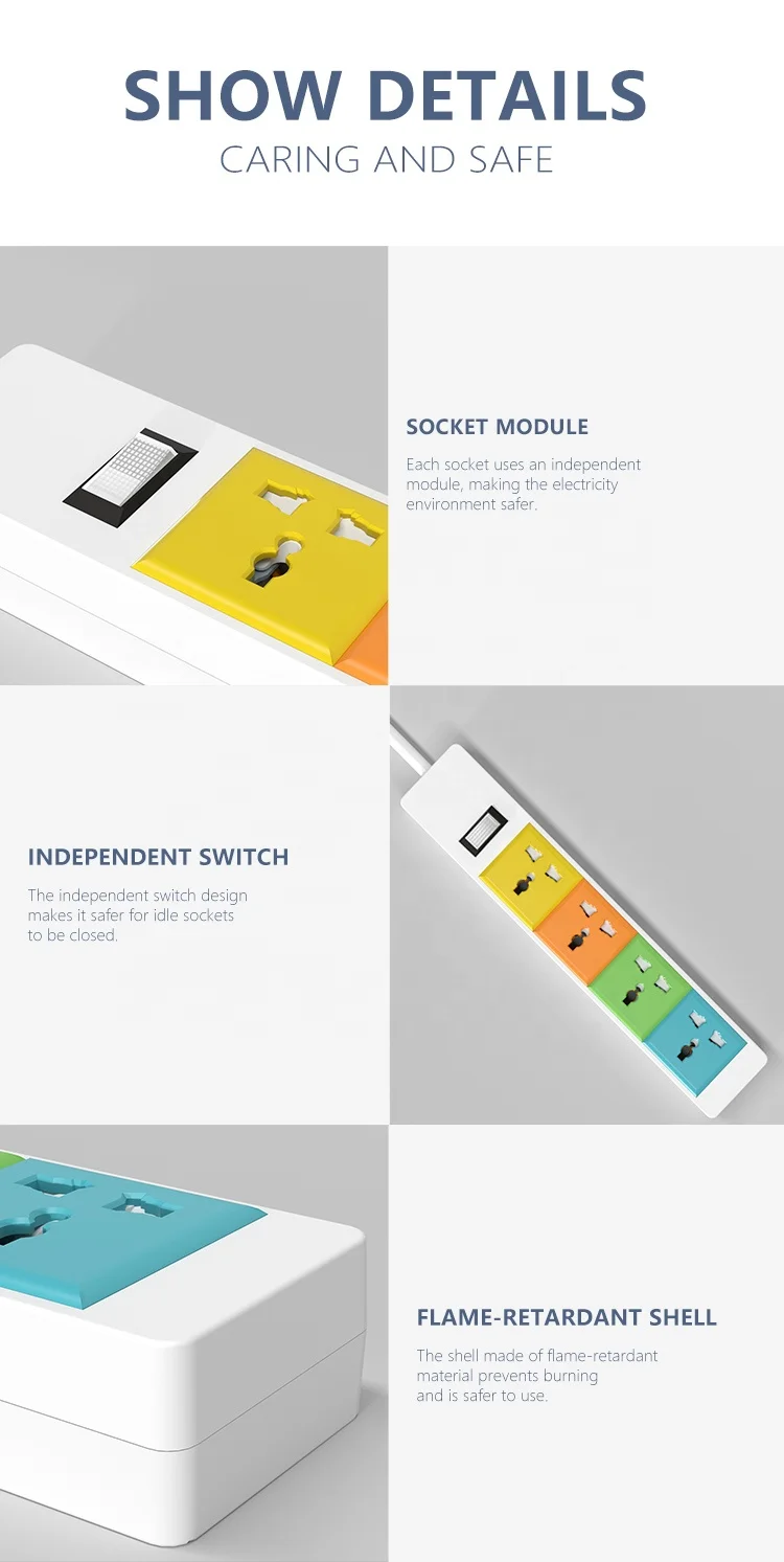 Gelistar Universal 5 Outlets Extension Power Socket With Switch Macaron Color Design With Safety Door Power Socket