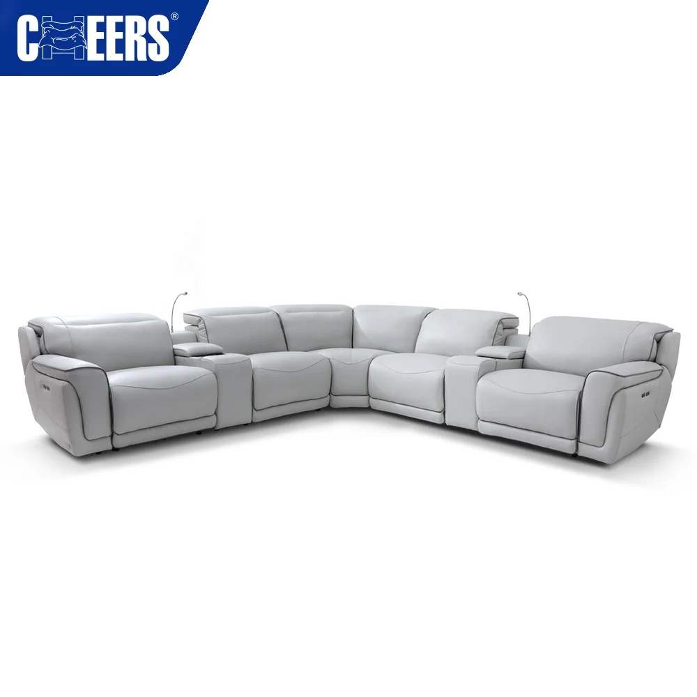 MANWAH CHEERS Genuine Leather Recliner Sectional Sofa With Led Light and Cup Holder, Living Room storage Sofa