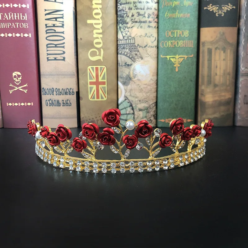 Bridal Accessories Wedding Gold Crown Pearl Red Rose Flower Crystal Tiaras
