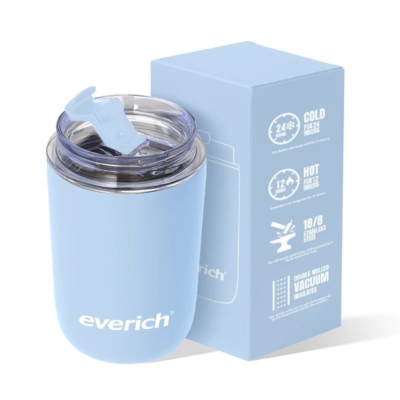Everich 280ml Keep hot Custom logo double wall 304 Stainless Steel travel coffee cup with leak proof lid with infuser