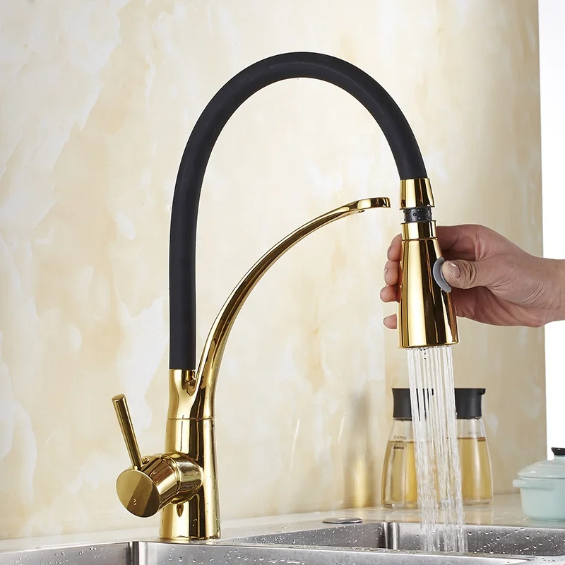 Luxury Brass Deck Mounted Gold Plated Kitchen Sink Faucet Taps Pull Out Single Handle Golden Kitchen Mixers GF1500