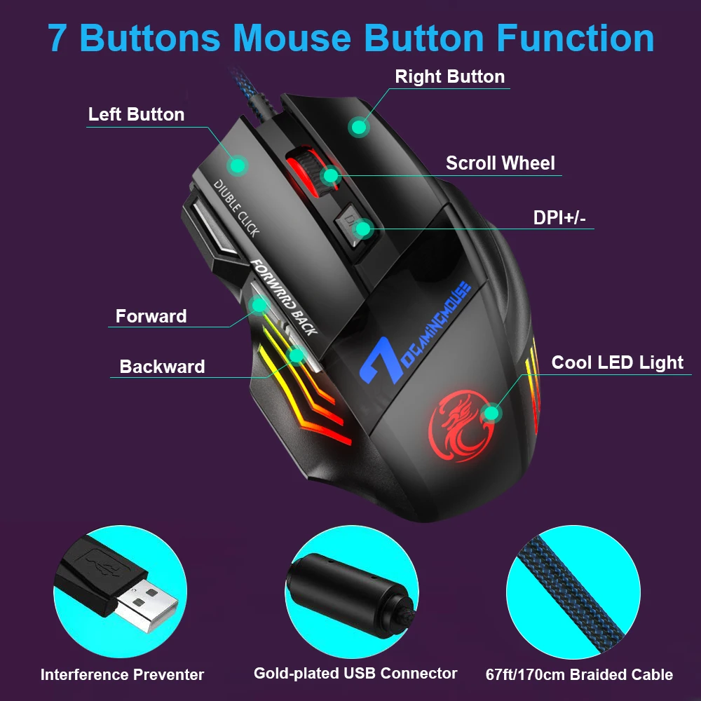 Цветная (Rgb) проводная мышь игровая мышь для компьютера Эргономическая мышь для геймеров с кабелем подсветка LED бесшумный 5500 точек/дюйм Usb Мыши для портативных ПК