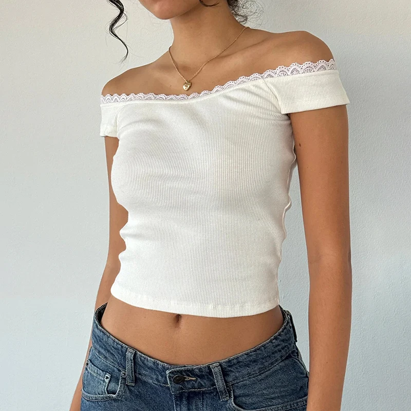 China Manufacturer Sexy White Rib Lace Top Womens Tops And Blouses Lace Detail Fashionable Woman Tops