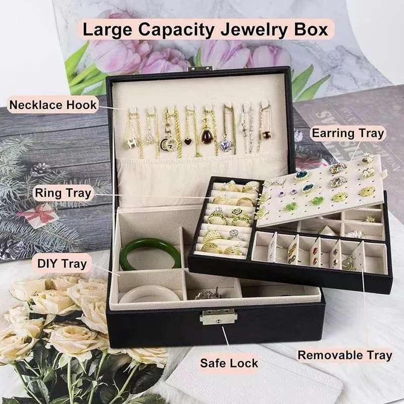 Jewelry storage box PU leather double layer jewelry earrings ring jewelry display box with lock