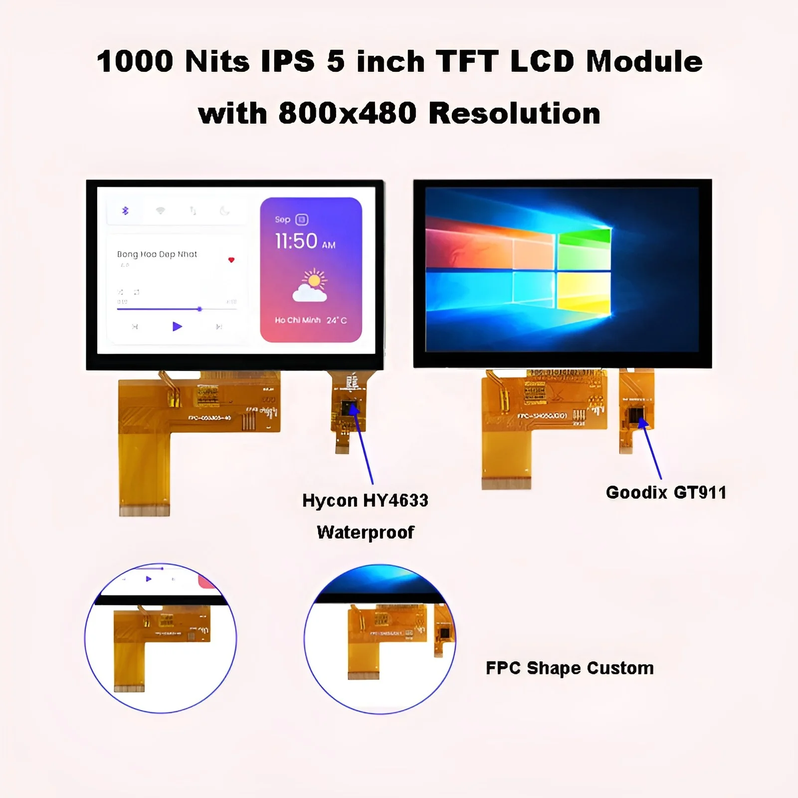 Sunlight Readable Time Attendance Machine Display Waterproof TFT LCD Module 5 Inch 800x480 IPS Touch Screen