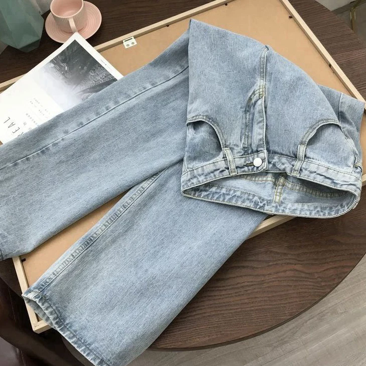 Wholesale Jeans Blue Ladies stretch jeans women high waist straight cut wide leg jeans