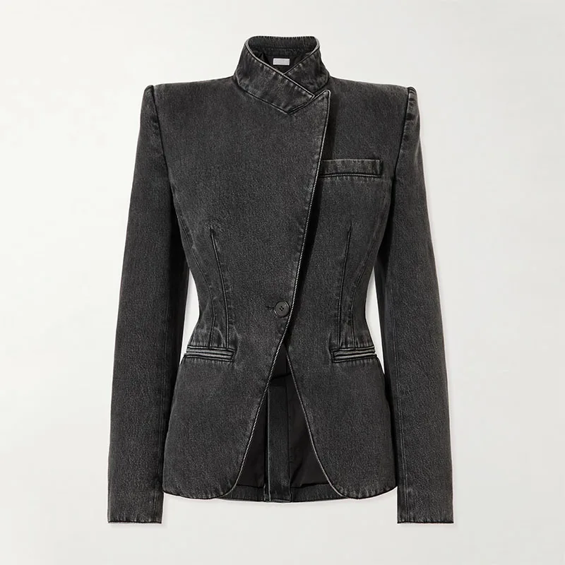 High Quality OEM Classic Women Black Washed Asymmetric Denim Blazer Slim Fit Stand Up Collar Denim Blazer Jacket For Women