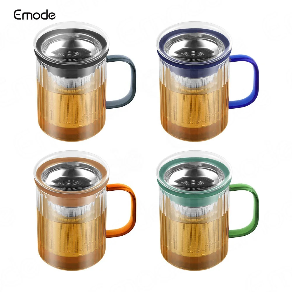 Emode Personal Tea Maker Insulated Heatproof Fluted Glass Cup with Loose Tea Infuser and Lid Borosilicate Glass Infusion Mug