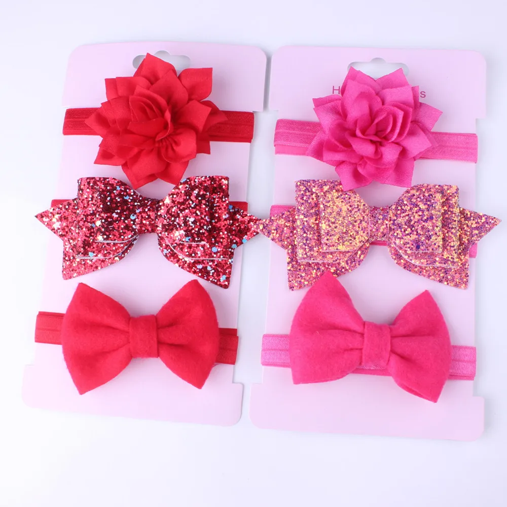 3Pcs/Set Infant Baby Girls Sequin Bow Headband Newborn Elastic Sequins Floral Hairband  Photo Props Hair Accessories Headwear