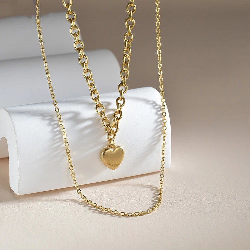 Fashion 18K Gold Plated Jewelry Double Layer Cross O Link Cable Chain Stainless Steel Heart Pendant Necklace