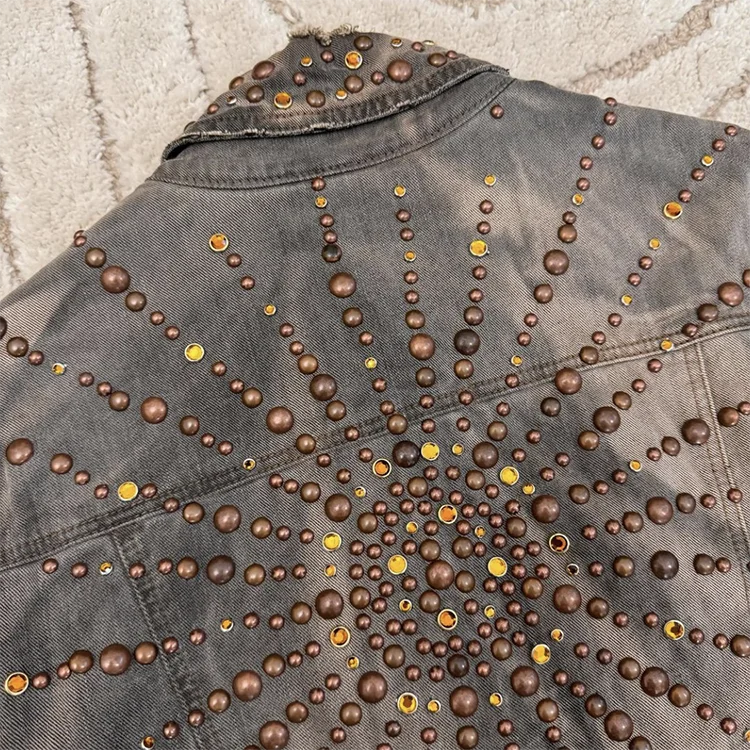 EDGE DENIM Manufacturer Custom distressed vintage washed full rivet rhinestone embroidery men jeans jacket for men