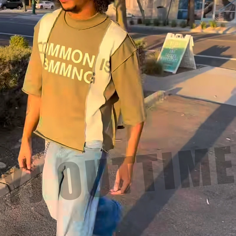 Custom Streetwear Screen Print Heavy Cotton t-shirt Man Oversized Paneled Acid Wash Vintage Cut and Sew Out Stitching Tee Men