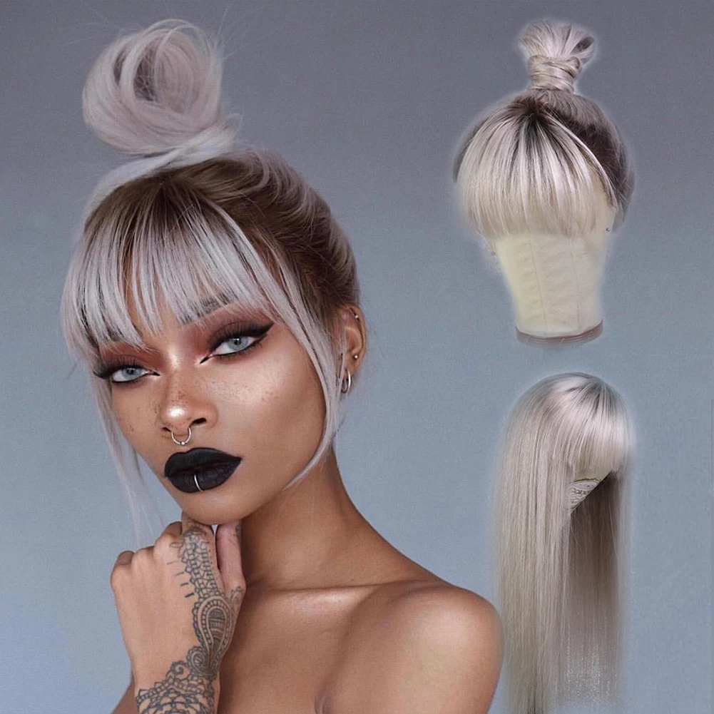 
 Парик с серыми глубокими корнями и челкой, парики из человеческих волос на сетке спереди, бразильские натуральные волосы, прямые красочные парики на сетке, парик на сетке с градиентом  