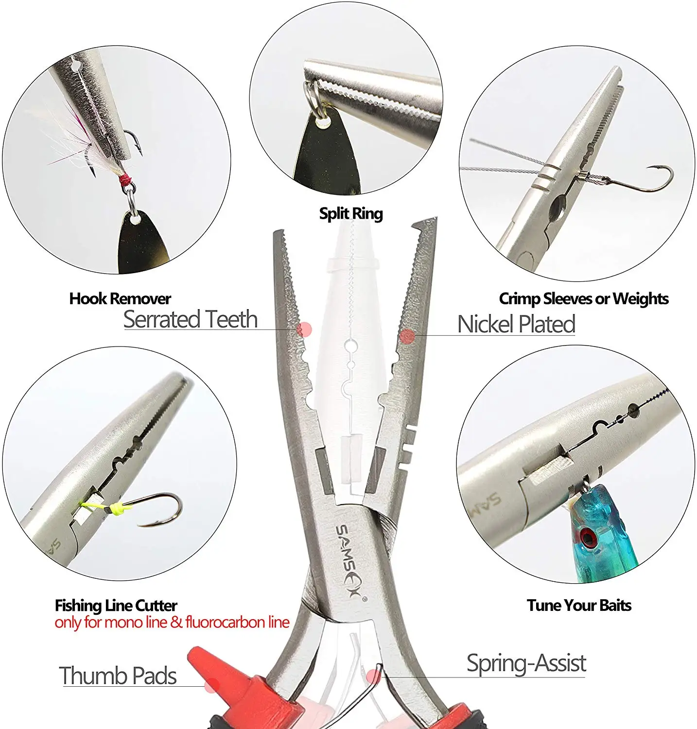 
SAMSFX Fishing Pliers with Coiled Lanyard and Camo Sheath 7 inches Fishing Pliers with Quick Knot Tool 