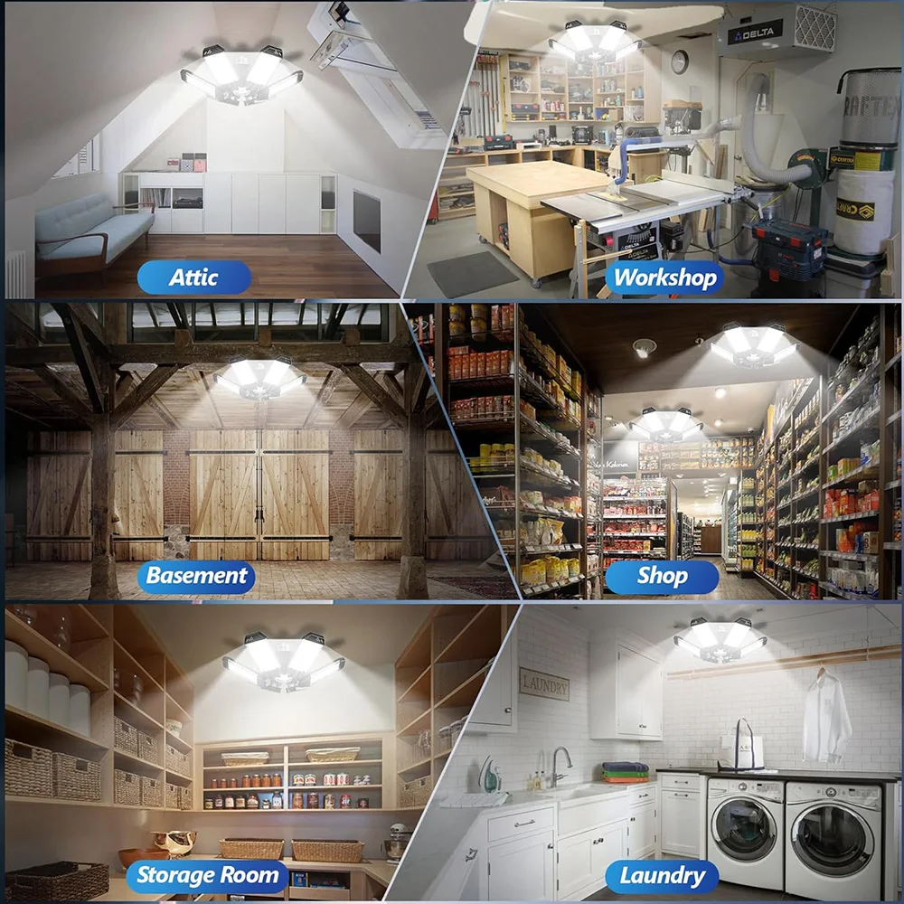 Deformable Best Garage Light, E26/E27 LED Light Garage Lighting with 6+1 Adjustable Panels Garage Bulb for Basement, Attic