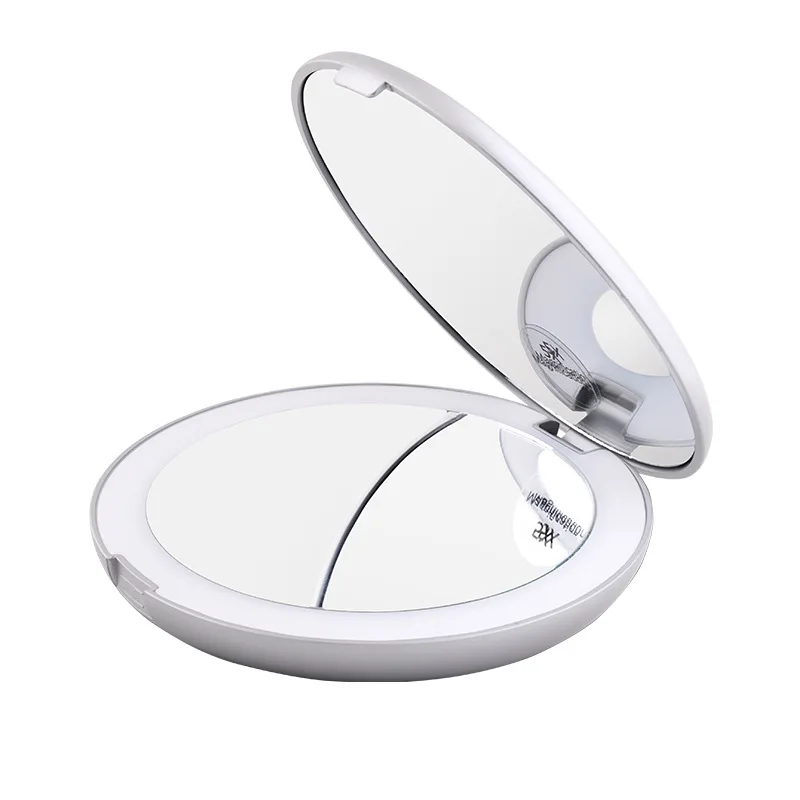 Custom Logo Portable Foldable Small Hand Held Led Mirror Travel Folding Light Anti Fog Makeup Trifold Purse Cosmetic Mirror