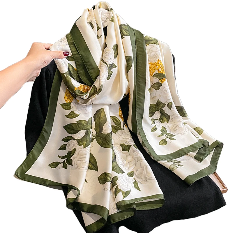 inspired Checked Classic Hijab Imitated season russian Floral Elegant Luxury Silk Scarves Wholesaler