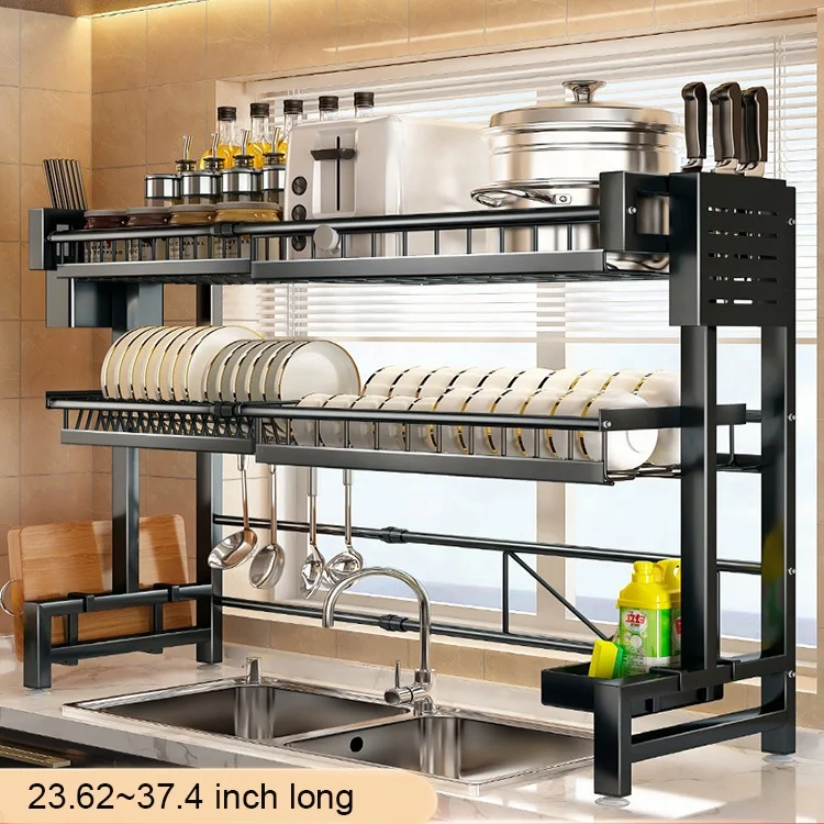 23.62~37.4 inch Scalable Sink Dish Rack 2 Tier Dish Drying Rack Standing Kitchen Organization Storage Holders