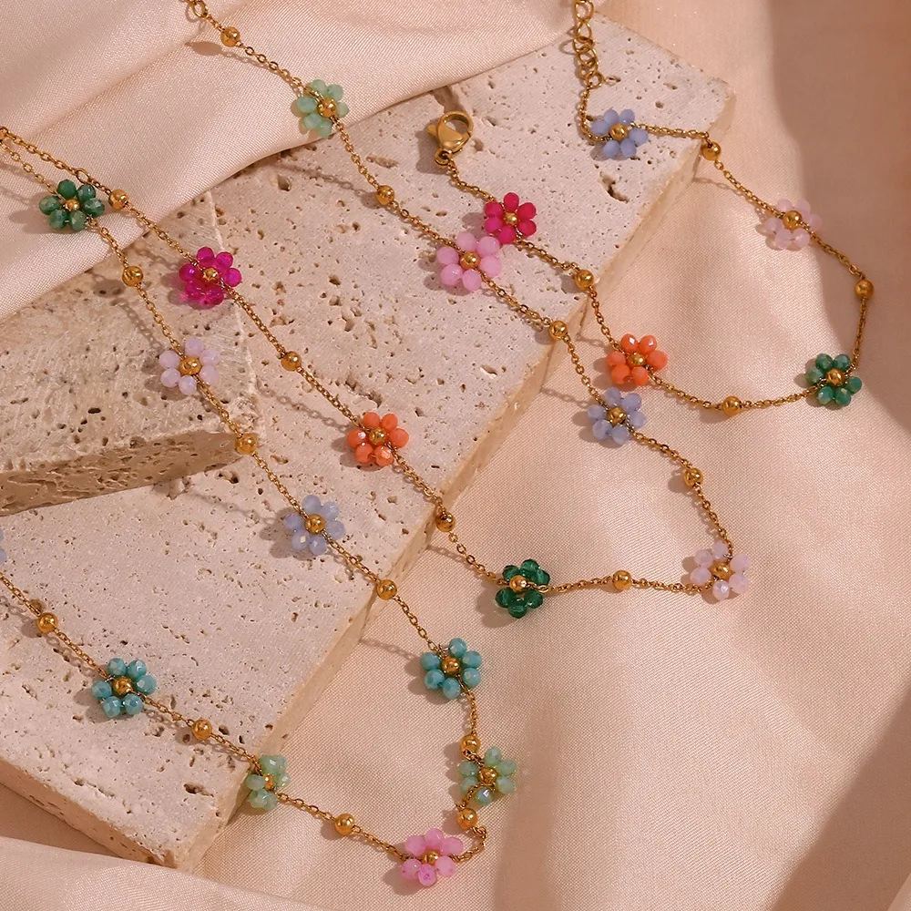 Summer Fashion Internet Celebrity Beaded Flower Chain Jewelry Innovative Design Stainless Steel Bracelet Necklace Waist Chain