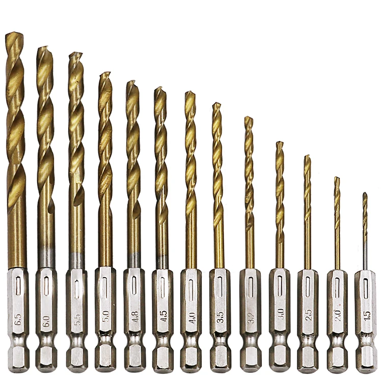 
13pcs metric size blister card titanium coated hex shank hss drill bit for metal wood plastic drilling 