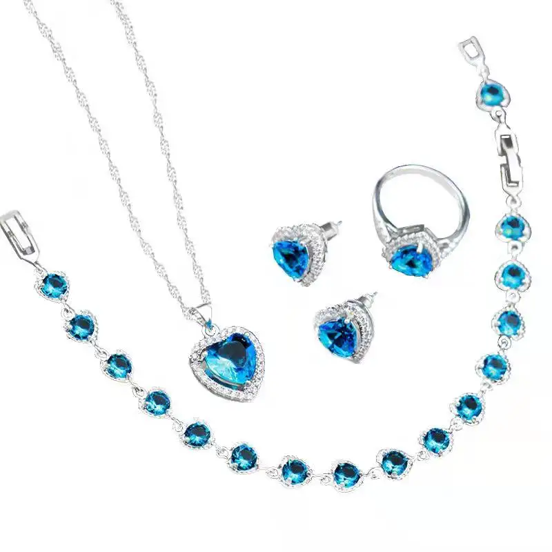 18K White Gold Plated Graceful Jewelry Set For Women - Stylish Romantic Jewelry with Cubic Zirconia Crystals - Heart Jewelry Set