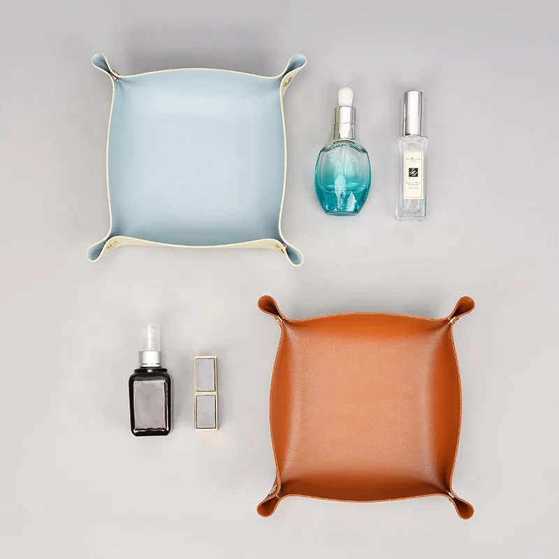Double side jewelry pu leather storage tray mini serving tray for key coin dice wallet foldable home desk storage organizer